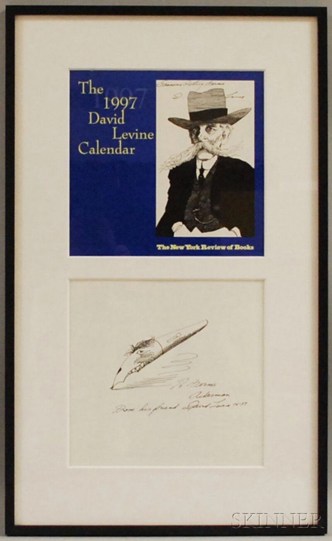 David Levine (American, 1926-2009) Two Illustratio: David Levine (American, 1926-2009) Two Illustrations: Cover from The 1997 David Levine Calendar, signed "Seasons Greeting Bernie D. Levine" u.r., lithograph and ink on paper; and a sketc