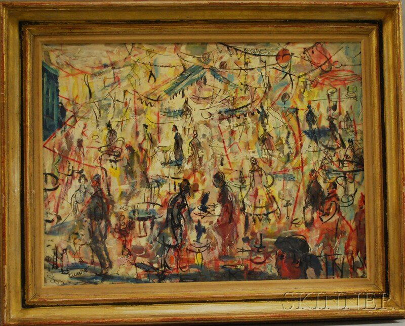 Pascal Cucaro (American, 1915-2004) Abstract Scene: Pascal Cucaro (American, 1915-2004) Abstract Scene, Figures at a Carnival. Signed "Cucaro" l.l. and u.r. Mixed media on Masonite, 18 x 24 in., framed. Condition: Mild surface grime.