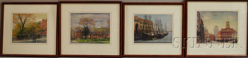Louis L. Novak (American, 1903-1988) Four Boston A: Louis L. Novak (American, 1903-1988) Four Boston Area Scenes: Faneuil Hall, Waterfront Dock, Louisburg Square, and Harvard Yard. Each signed "Louis Novak" l.l. or l.r. Gouache on paper
