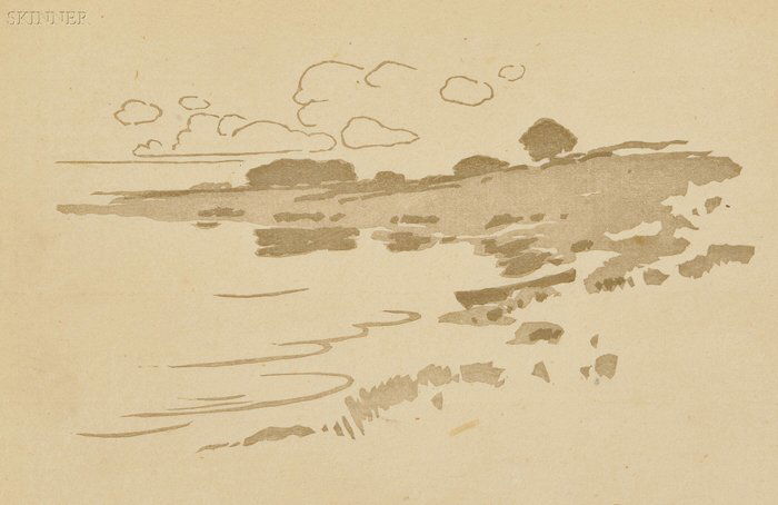Arthur Wesley Dow (American, 1857-1922) Shore of t: Arthur Wesley Dow (American, 1857-1922) Shore of the Creek, c. 1905. Unsigned. Relief print in light and dark brown on Japan paper, image size 4 x 7 1/4 in., unmatted, unframed. Condition: Subtle toni