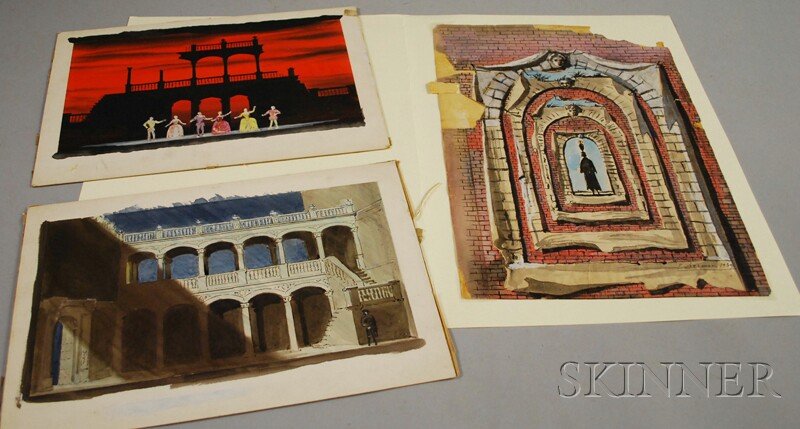 Eugene Gustavovitch Berman (Russian/American, 1899: Eugene Gustavovitch Berman (Russian/American, 1899-1972) Three Set Designs: Two Classical Designs for the Stage and Woman in Archways. Woman signed and dated "E. Berman 1