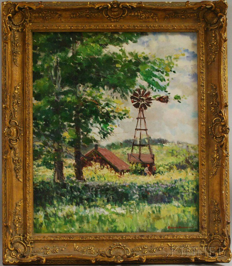 Bogomir Bogdanovic (American/Yugoslavian, 1923-201: Bogomir Bogdanovic (American/Yugoslavian, 1923-2011) Barn and Windmill in Summer. Signed "Bogomir Bogdanovic" l.r. Oil on canvas, 24 x 20 in., framed. Condition: Mild surface grime.