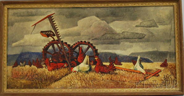 Woldemar Neufeld (Russian/American, 1909-2002) The: Woldemar Neufeld (Russian/American, 1909-2002) The Gleaners. Signed "Woldemar Neufeld" l.r., identified on the stretcher. Oil on canvas, 19 x 39 in., framed. Condition: Mild surface grime.