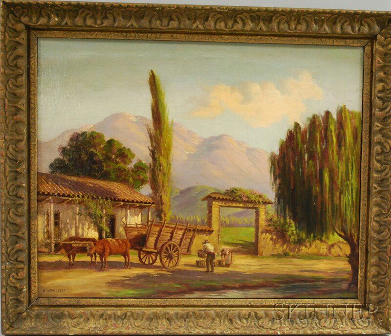 Alberto Lobos (Chilean, 1892-1941) Figures Loading: Alberto Lobos (Chilean, 1892-1941) Figures Loading an Ox Cart before a Farmhouse Gate. Signed and dated "A. Lobos. 1957" l.l. Oil on canvas, 23 1/8 x 29 in., framed. Condition: Lined, retouch, surface
