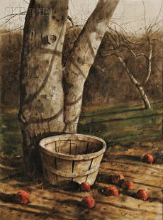 Nicholas Berger (American, 20th/21st Century) The: Nicholas Berger (American, 20th/21st Century) The Apple Harvest. Signed "Nicholas Berger" in pen l.r. Watercolor, ink, and graphite on paper, sight size 28 x 21 in., framed. Condition: Not examined ou