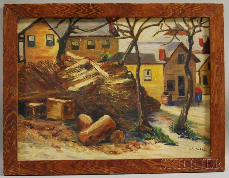 Helen Carr Wood (American, 1875-1960) St. Petersbu: Helen Carr Wood (American, 1875-1960) St. Petersburg, Florida, Wood-Pile & Houses. Signed "H C Wood" l.r. and identified on the reverse. Oil on canvasboard, 18 x 24 in., framed. Condition: Surfac