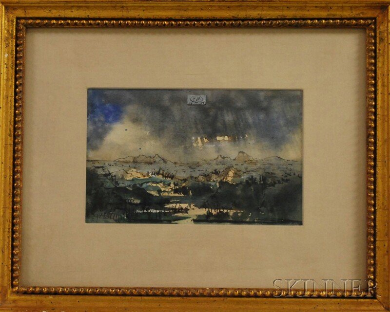 Eugene Gustavovitch Berman (American/Russian, 1899: Eugene Gustavovitch Berman (American/Russian, 1899-1972) Stormy Landscape. Monogrammed in a cartouche "E.B. 1964" u.c., with a Richard K. Larcada Gallery, New York City, label on the reverse. Water