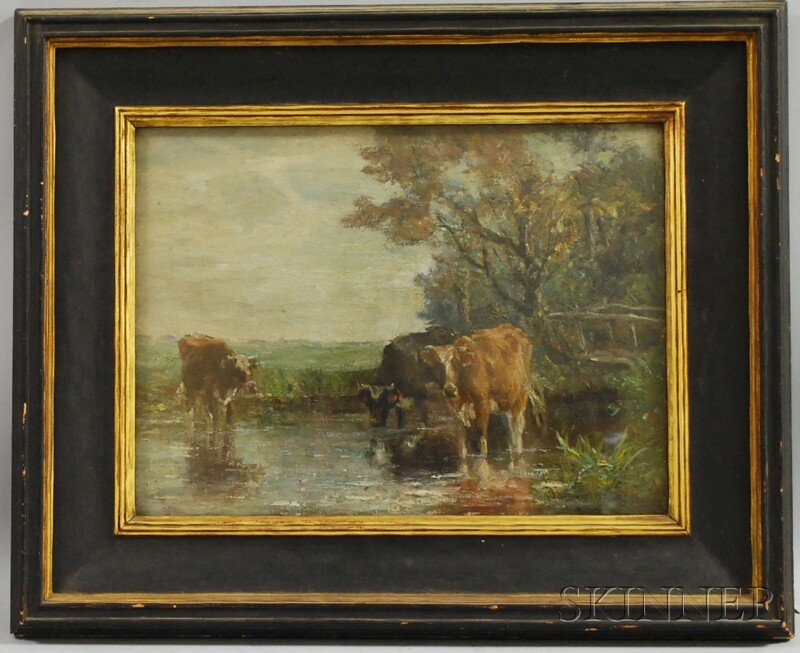 Charles Franklin Pierce (American, 1844-1920) Cows: Charles Franklin Pierce (American, 1844-1920) Cows Watering. Signed "CF Pierce" l.r. Oil on canvas, 12 x 16 in., in an original signed, dated, and monogrammed "Thulin 1916" frame. Condition: Craquelur