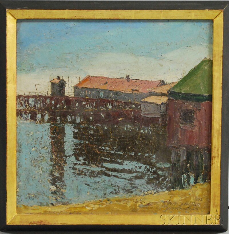 Fritz Wilhelm Pfeiffer (American, 1889-1960) Provi: Fritz Wilhelm Pfeiffer (American, 1889-1960) Provincetown. Incised "1932 Fritz pfeiffer Provincetown" l.r. Oil on paperboard, 10 x 10 in., framed. Condition: Surface grime, craquelure.