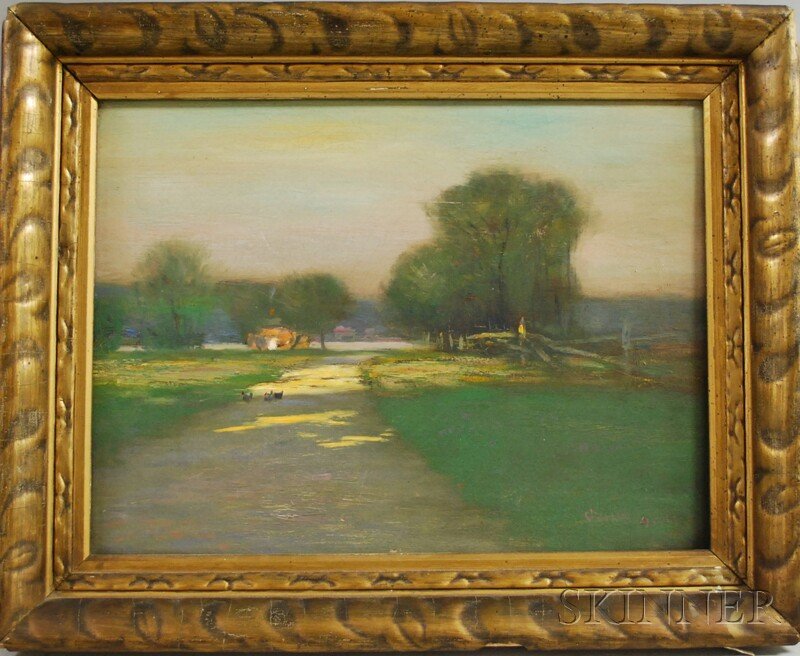 George Henry Bogert (American, 1864-1944) Country: George Henry Bogert (American, 1864-1944) Country Lane in Dappled Light Signed "Geo H Bogert" l.r. Oil on canvas, 12 x 16 in. (30.5 x 41.0 cm), framed. Condition: Craquelure, surface grime.