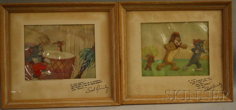 Metro-Goldwyn-Mayer/Hanna and Barbera Studios Two: Metro-Goldwyn-Mayer/Hanna and Barbera Studios Two Animation Cels from Tom and Jerry. One inscribed "AN ORIGINAL FROM THE M.G.M. CARTOON "HIS MOUSE FRIDAY" STARRING 'TOM AND JERRY'" in ink on the mat