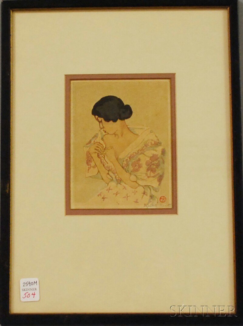 Elizabeth Keith (British, 1887-1956) Portrait of a: Elizabeth Keith (British, 1887-1956) Portrait of a Woman in a Kimono. Sealed "EK" and signed "Elizabeth Keith" l.r. Color woodblock print on paper, sight size 6 1/4 x 5 in., framed.