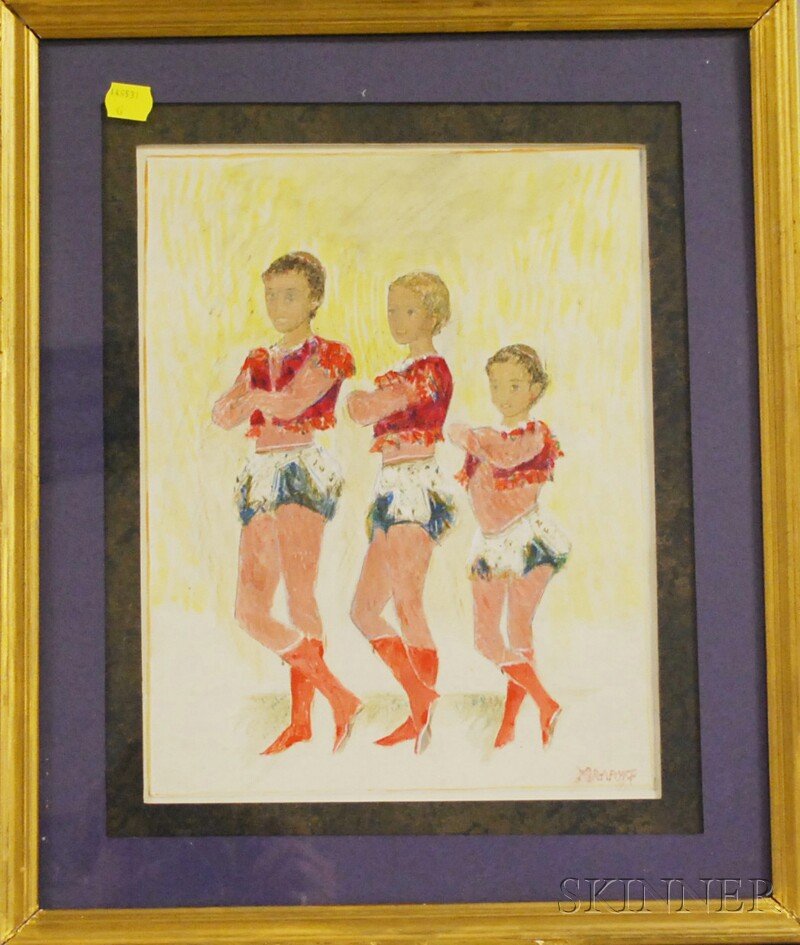 Alexis Paul Arapoff (Russian/American, 1904-1948): Alexis Paul Arapoff (Russian/American, 1904-1948) Three Boy Acrobats, 1927. Signed "ARAPOFF" l.r. Gouache and ink on paper, sight size 11 3/4 x 9 1/8 in., framed. Condition: Gentle toning, not ex