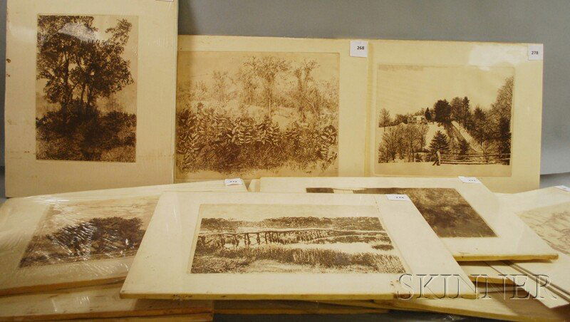 Herbert Lewis Fink (American, 1921-2006) Eighteen: Herbert Lewis Fink (American, 1921-2006) Eighteen Prints, including Landscapes and Figures, c. 1980. Each signed "Herbert Fink" in pencil l.r. Etching on paper, sheet size 22 1/4 x 29 3/4 in., unframe