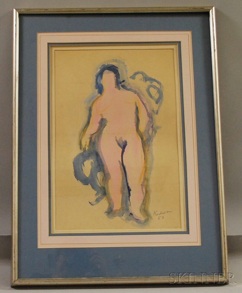 Earl Cavis Kerkam (American, 1891-1965) Nude Figur: Earl Cavis Kerkam (American, 1891-1965) Nude Figure. Signed and dated "Kerkam 53" l.r., identified on a label from Jo Aarons, Rhinebeck, New York, affixed to the backing. Mixed media (gouache and cray