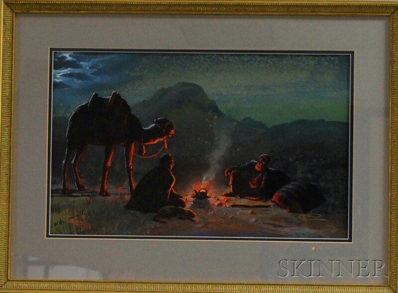 Sumbat Der Kiureghian (Armenian/Iranian, 1913-1999: Sumbat Der Kiureghian (Armenian/Iranian, 1913-1999) Travelers at Night/A Bedouin Scene Signed and dated "Sumbat 1955"l.l. Gouache, acrylic, and velvet on paper, sight size 13 1/4 x 21 1/4 in., framed.