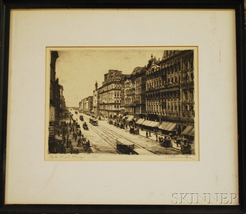 Edgar Leslie Bloomster (American, 1895-1968) State: Edgar Leslie Bloomster (American, 1895-1968) State Street, Chicago in 1885. Signed in pencil l.r., titled in pencil l.l. Etching, plate size 8 x 11 in., framed (without glass).