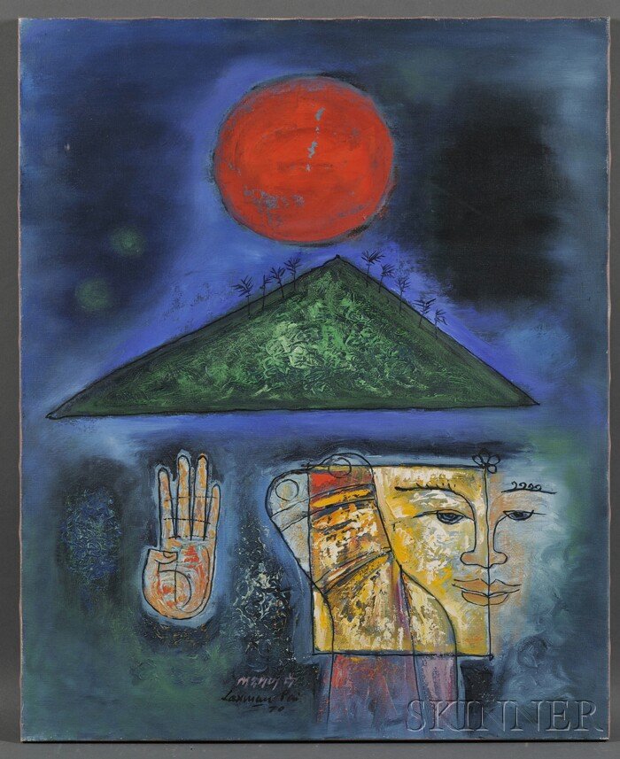 Laxman Pai (Indian, b. 1926) Mudraa. Signed and da: Laxman Pai (Indian, b. 1926) Mudraa. Signed and dated "Laxman Pai 70" l.l., titled and inscribed "...by LAXMAN PAI" on the reverse. Oil on canvas, 32 1/4 x 26 1/4 in., unframed.