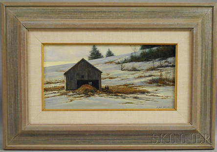 A. Hale Johnson (American, 20th Century) A Long Wi: A. Hale Johnson (American, 20th Century) A Long Winter. Signed "A. Hale Johnson" l.r., titled, signed, and dated "...A. Hale Johnson '90" on the reverse. Oil on Masonite, 8 x 16 in., framed.