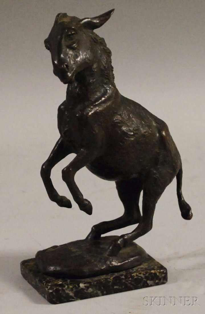 Jacques Froment-Meurice (French, 1864-1948) Rearin: Jacques Froment-Meurice (French, 1864-1948) Rearing Donkey. Inscribed "FROMENT MEURICE" and stamped "Cire/Perdu/A.A. HEBRARO" on the base. Bronze with a dark brown patina, height 6 3/8 in., mounted to