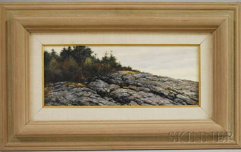 A. Hale Johnson (American, 20th Century) North of: A. Hale Johnson (American, 20th Century) North of Seal Cove. Signed "A. Hale Johnson" l.l., titled and dated "...'87" on the reverse. Oil on Masonite, 8 x 20 in., framed.