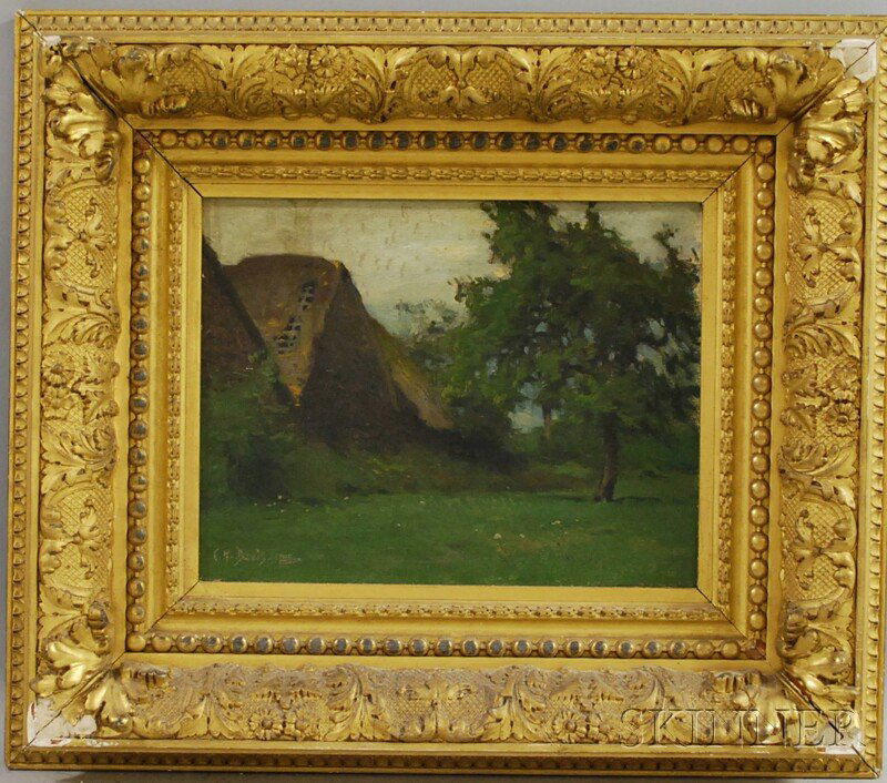 Attributed to Charles Harold Davis (American, 1856: Attributed to Charles Harold Davis (American, 1856-1933) Thatched Roofs in Summer. Inscribed "C.H. Davis. XXX" l.l. Oil on canvas, 10 1/2 x 13 1/2 in., framed. Condition: Surface grime, frame abrasi