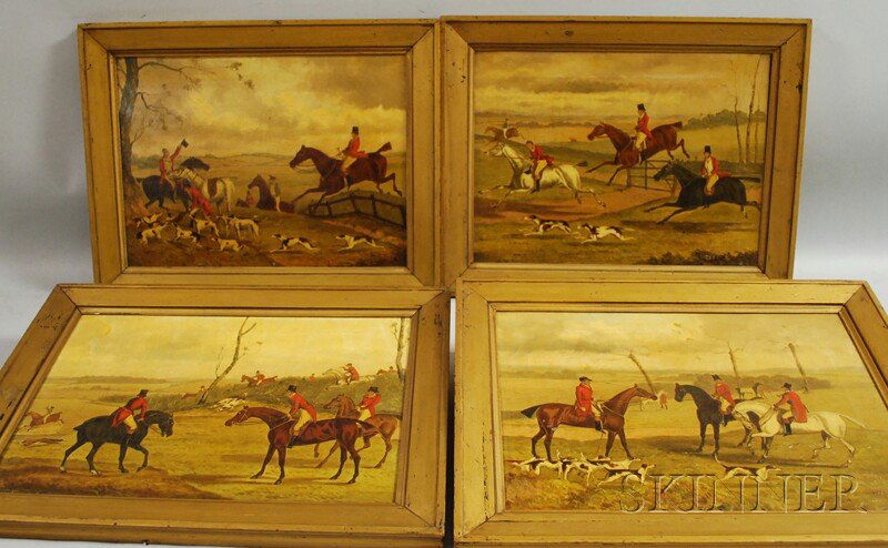 British School, 20th Century Suite of Four Primiti: British School, 20th Century Suite of Four Primitive Hunting Scenes in the Manner of Henry Thomas Alken (British, 1785-1851). Unsigned. Oil on canvas, sight sizes to 11 1/2 x 15 1/2 in., framed. C
