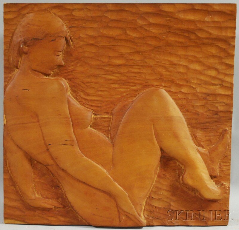 Andrew W. DeVries (American, b. 1957) The Bather.: Andrew W. DeVries (American, b. 1957) The Bather. Incised signature and date "A. DEVRIES © 1987" l.r. Carved wooden bas-relief, 15 1/2 x 16 in., unframed.
