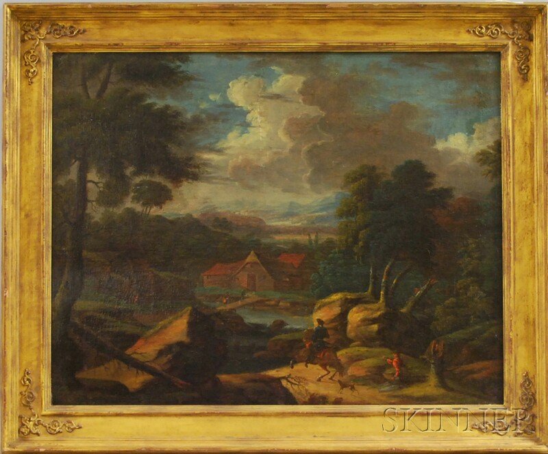 Continental School, 18th Century Style Landscape w: Continental School, 18th Century Style Landscape with Horseman Approaching a Settlement. Unsigned. Oil on canvas, 24 x 30 in., framed. Condition: Scattered retouch, craquelure, surface grime.