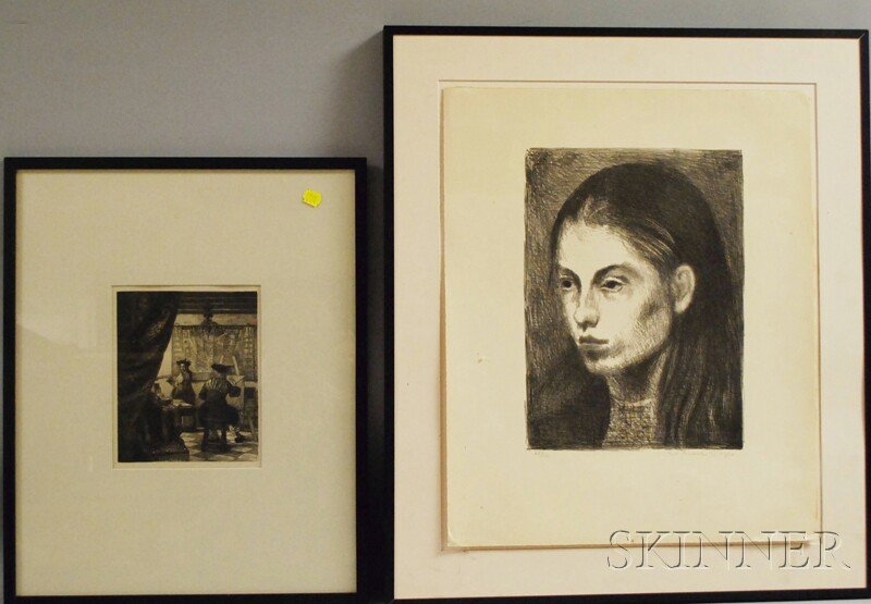 American/Continental School, 19th/20th Century Fou: American/Continental School, 19th/20th Century Four Etchings: Raphael Soyer (American, 1899-1987), Head of a Woman, signed and numbered "68/150" l.l., image size 14 x 10 1/2 in., framed, (without gl