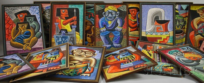 Raphael Moises (Mexican, 20th Century) Fifteen Pre: Raphael Moises (Mexican, 20th Century) Fifteen Pre-Columbian-style Abstract Figures and Still Lifes. Each signed "MoisesR" l.r. Crayon on canvasboard, sight sizes to 21 x 14 in., framed. Provenance: S