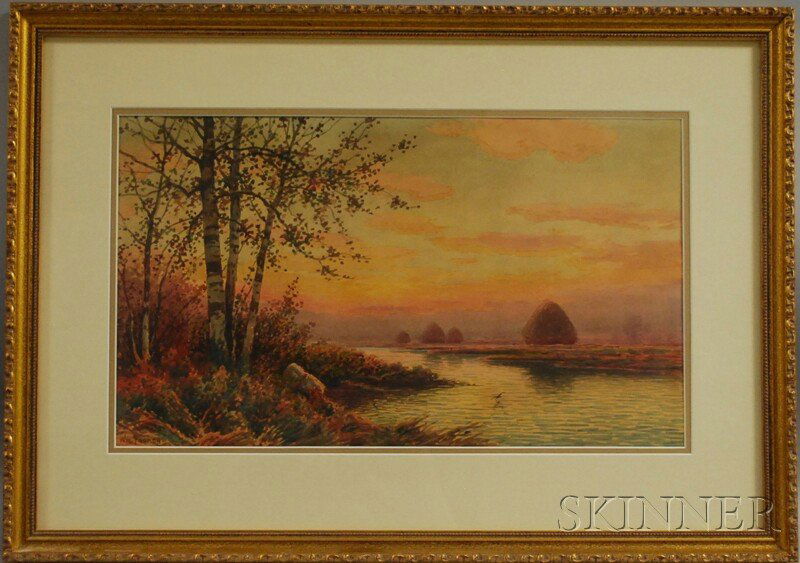 William Frederick Paskell (American, 1866-1951) Ha: William Frederick Paskell (American, 1866-1951) Haystacks Along the River at Sunset. Signed "Wm. Paskell" l.l. Watercolor on paper, sight size 11 3/4 x 20 in., framed. Condition: Not examined out of