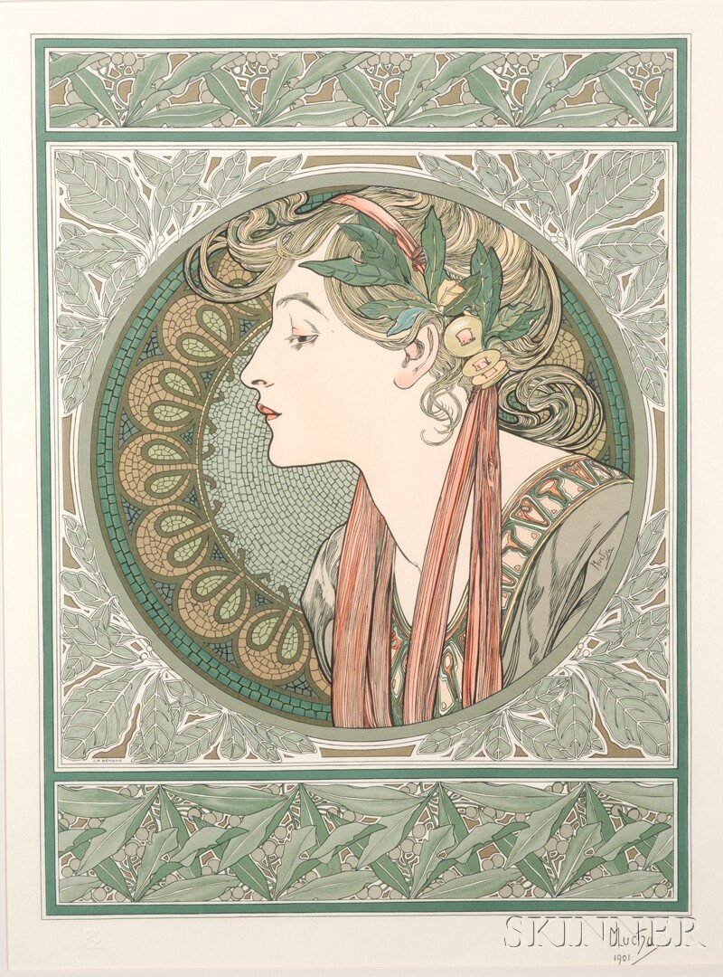 After Alphonse Maria Mucha (Czechoslovakian, 1860-: After Alphonse Maria Mucha (Czechoslovakian, 1860-1939) Laurier Inscribed and dated within the matrix l.r., blindstamp l.l. Color lithograph on paper, sight size 26 x 19 1/2 in., framed. Co