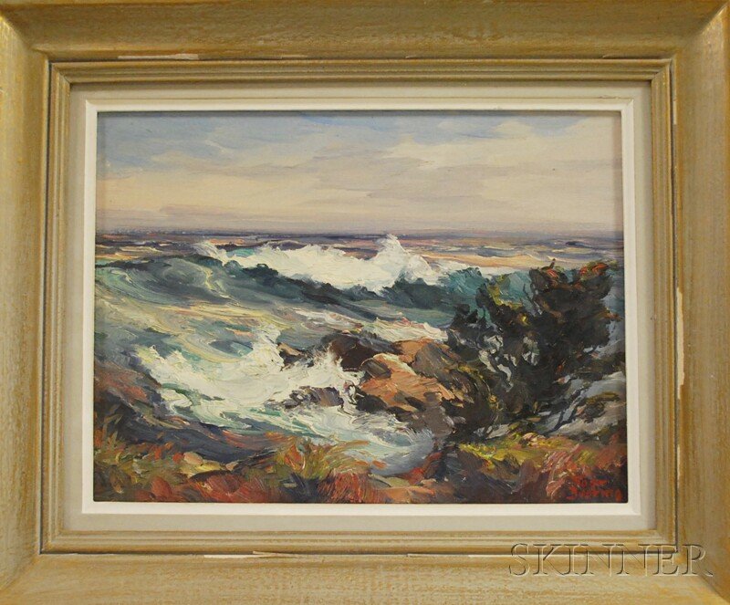 Roger Deering (American, 1904-1980) Rough Water, K: Roger Deering (American, 1904-1980) Rough Water, Kennebunkport Shore. Signed "Roger Deering" l.r., titled on the reverse. Oil on canvas, 12 x 16 in., framed. Condition: Mild surfac