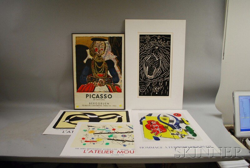 Continental School, 20th Century Five Works on Pap: Continental School, 20th Century Five Works on Paper: After Picasso, Leger, Braque, and Miro, printed by Mourlot, Paris, sizes to 30 1/2 x 22 in., the Picasso framed, three unframed, (good, margin r