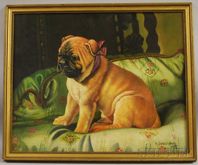 Robert Dumont-Smith (British, 20th Century ) Seate: Robert Dumont-Smith (British, 20th Century ) Seated Pug. Signed and dated "R. Dumont-Smith 19...7" l.r. Oil on canvasboard, framed. Condition: Minor surface grime.