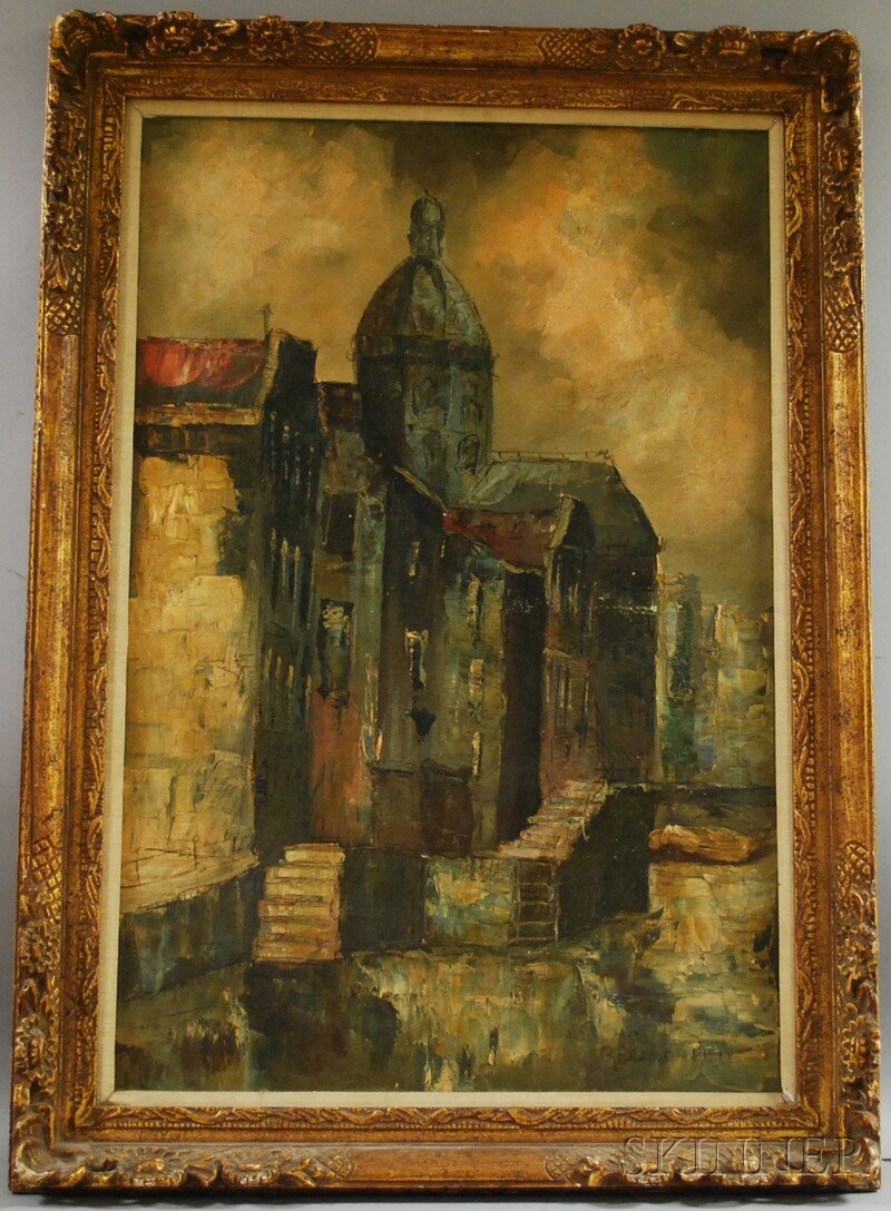 Continental School, 20th Century Canal in Awon/Cit: Continental School, 20th Century Canal in Awon/Cityscape along a Canal. Signed "GERARD-PIEb." l.r., titled on the reverse. Oil on canvas, 36 x 24 in., framed. Condition: Craquelure