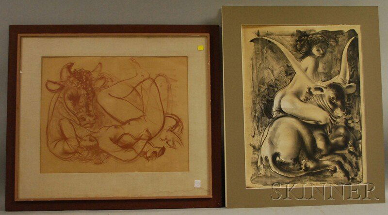 Hans Erni (Swiss, b. 1909) Two Lithographs: Woman: Hans Erni (Swiss, b. 1909) Two Lithographs: Woman with Bull and Woman with Ox. Bull signed "Erni l.r. and numbered "184/220" l.l., sight size 17 x 21 1/2, framed (possibl