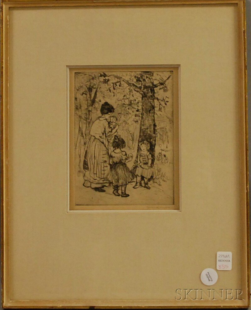 Jerome Myers (American, 1867-1940) In the Park. Si: Jerome Myers (American, 1867-1940) In the Park. Signed in pencil l.r. Etching on paper, image size 7 3/4 x 5 7.8 in., framed. Condition: Mild toning, not examined out of frame.