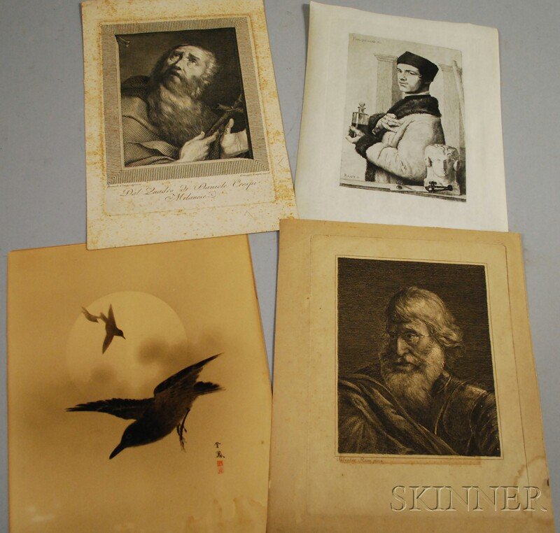 Four Unframed Prints, an engraving by Felix Bracqu: Four Unframed Prints, an engraving by Felix Bracquemond (1833-1914), after a painting by Rajon, on vellum; a Japanese woodblock print of ravens; and two others.
