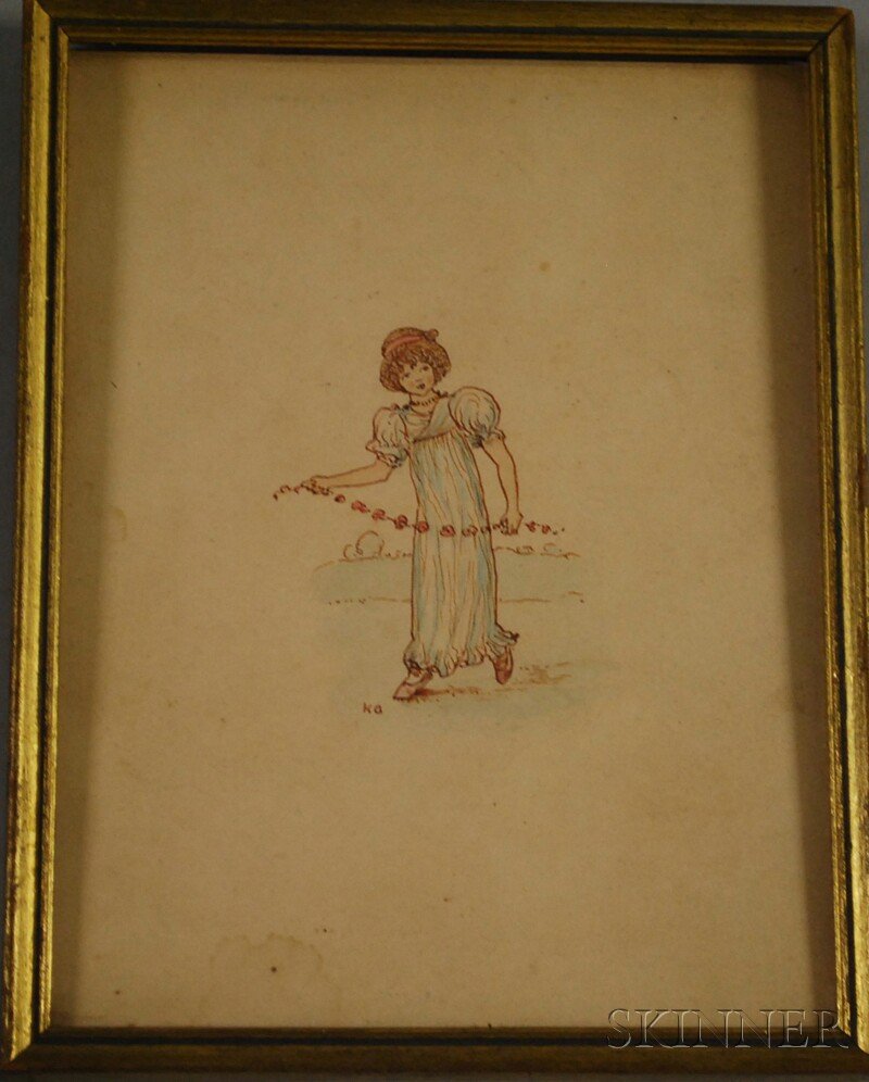 Kate Greenaway (British, 1846-1901) Portrait of a: Kate Greenaway (British, 1846-1901) Portrait of a Young Woman with a Flower Garland. Initialed "KG" in ink l.l. Ink and watercolor on paper, sight size 6 x 4 1/2 in., framed. Condition: Minor water st