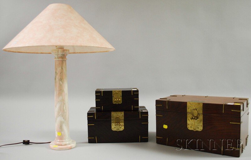 Three Frederick Cooper Graduated Asian Brass-bound: Three Frederick Cooper Graduated Asian Brass-bound Wood Storage Boxes and a Marble Columnar Table Lamp, box ht. 4 to 8 1/2, lg. 8 1/2 to 15, lamp body ht. 18 1/8 in.
