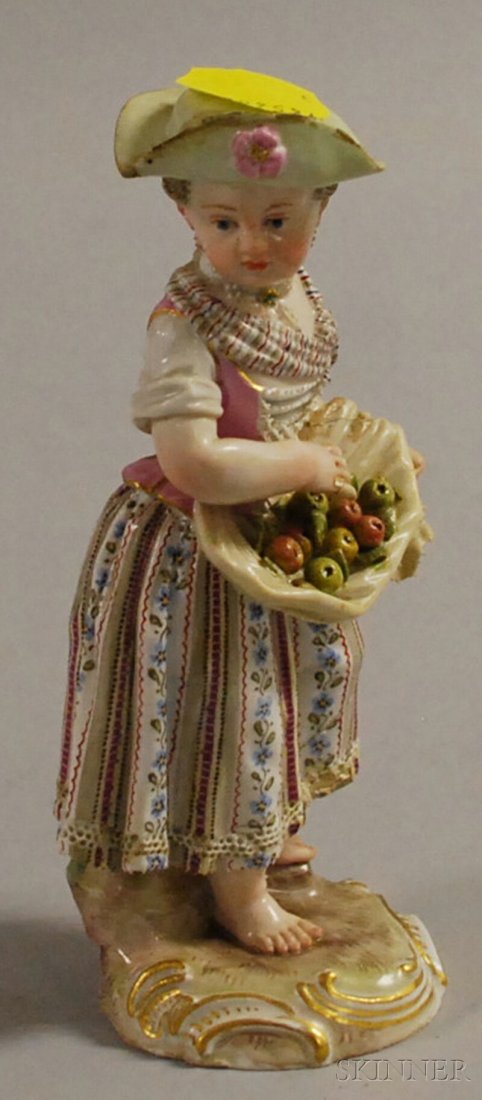 Meissen Figure of a Young Girl, 19th century, the: Meissen Figure of a Young Girl, 19th century, the barefoot figure collecting apples in her apron, on shaped base, with crossed swords factory mark, ht. 5 1/4 in.