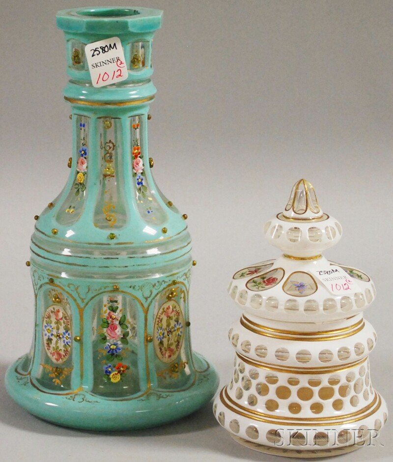 Two Bohemian Cased-cut-to-clear Art Glass Items, l: Two Bohemian Cased-cut-to-clear Art Glass Items, late 19th/early 20th century, a turquoise jeweled and enamel floral-decorated decanter, and a white and enamel-decorated jar, (decanter lacking stopper