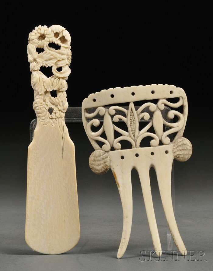 Two Ivory Carvings, 19th century, a Japanese tea: Two Ivory Carvings, 19th century, a Japanese tea scoop decorated with chrysanthemums, and a comb, lg. 5 1/2, 7 in.