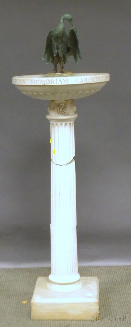 Small Patinated Metal Fountain Fragment Depicting: Small Patinated Metal Fountain Fragment Depicting a Crane and a Marble Baptismal Font on Pedestal, the crane with cement base, (damage, losses), fragment overall ht. 13 in.