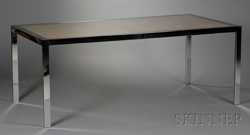 Milo Baughman Glass-top Hardwood and Steel Desk T: Milo Baughman Glass-top Hardwood and Steel Desk Table, late 20th century, rectangular glass top over woven natural fiber framed in black-stained hardwood within a chromed metal rectilinear frame and l