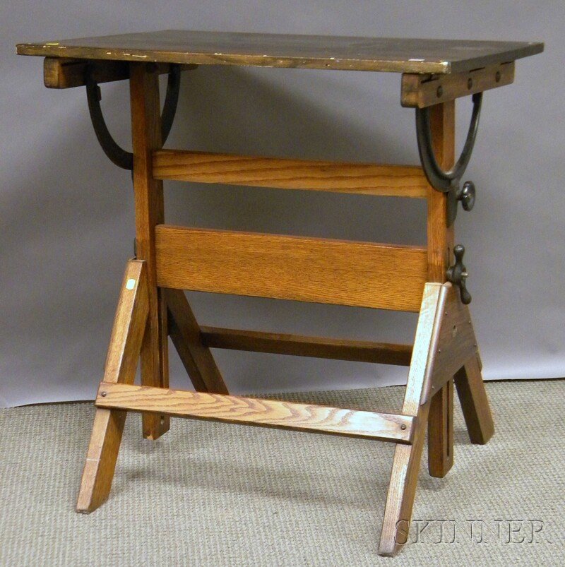Poplar and Oak Adjustable Drafting Table, approx.: Poplar and Oak Adjustable Drafting Table, approx. ht. 33, wd. 32 in.