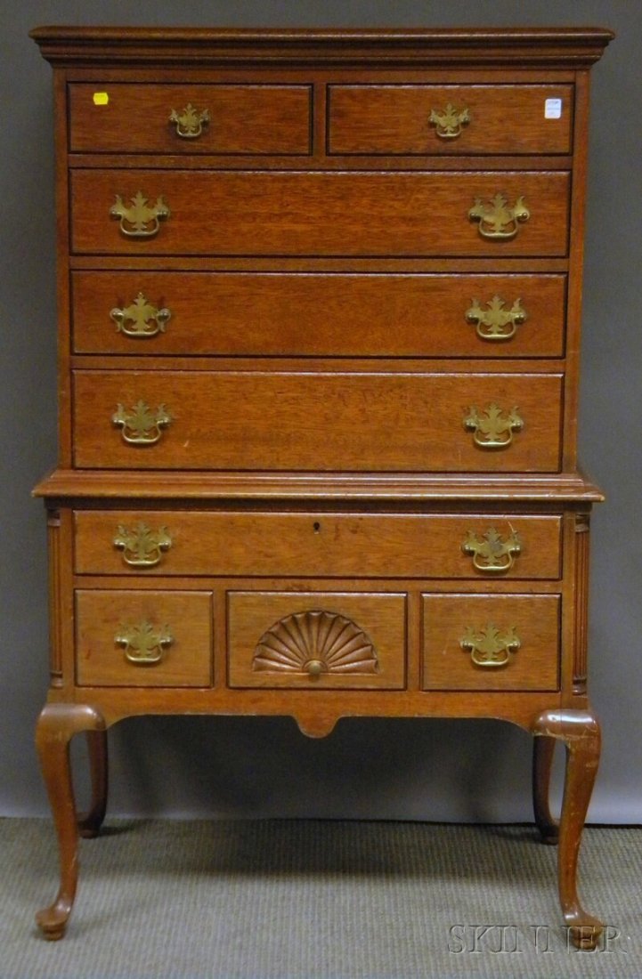 Queen Anne-style Mahogany Veneer Flat-top Highboy: Queen Anne-style Mahogany Veneer Flat-top Highboy, ht. 55, wd. 34 in.