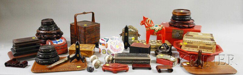 Eleven Asian Decorative Boxes, Seven Miscellaneou: Eleven Asian Decorative Boxes, Seven Miscellaneous Articles, and Twenty-nine Asian Carved Hardwood Stands.